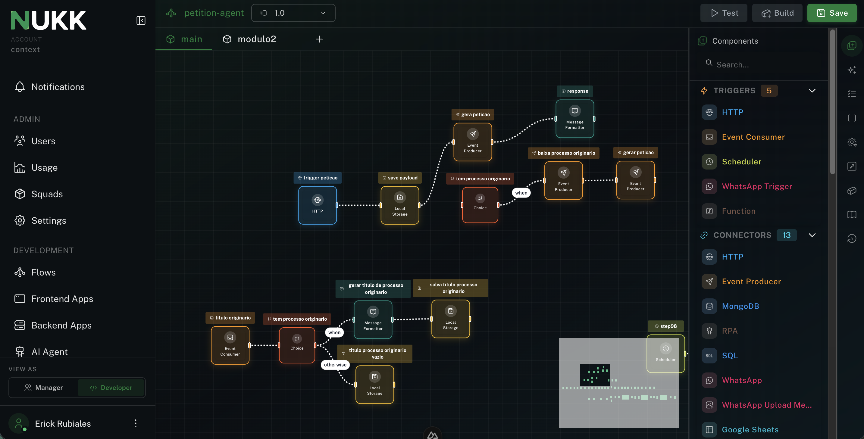 Editor de flow da Nukk orquestrando agentes e integrações